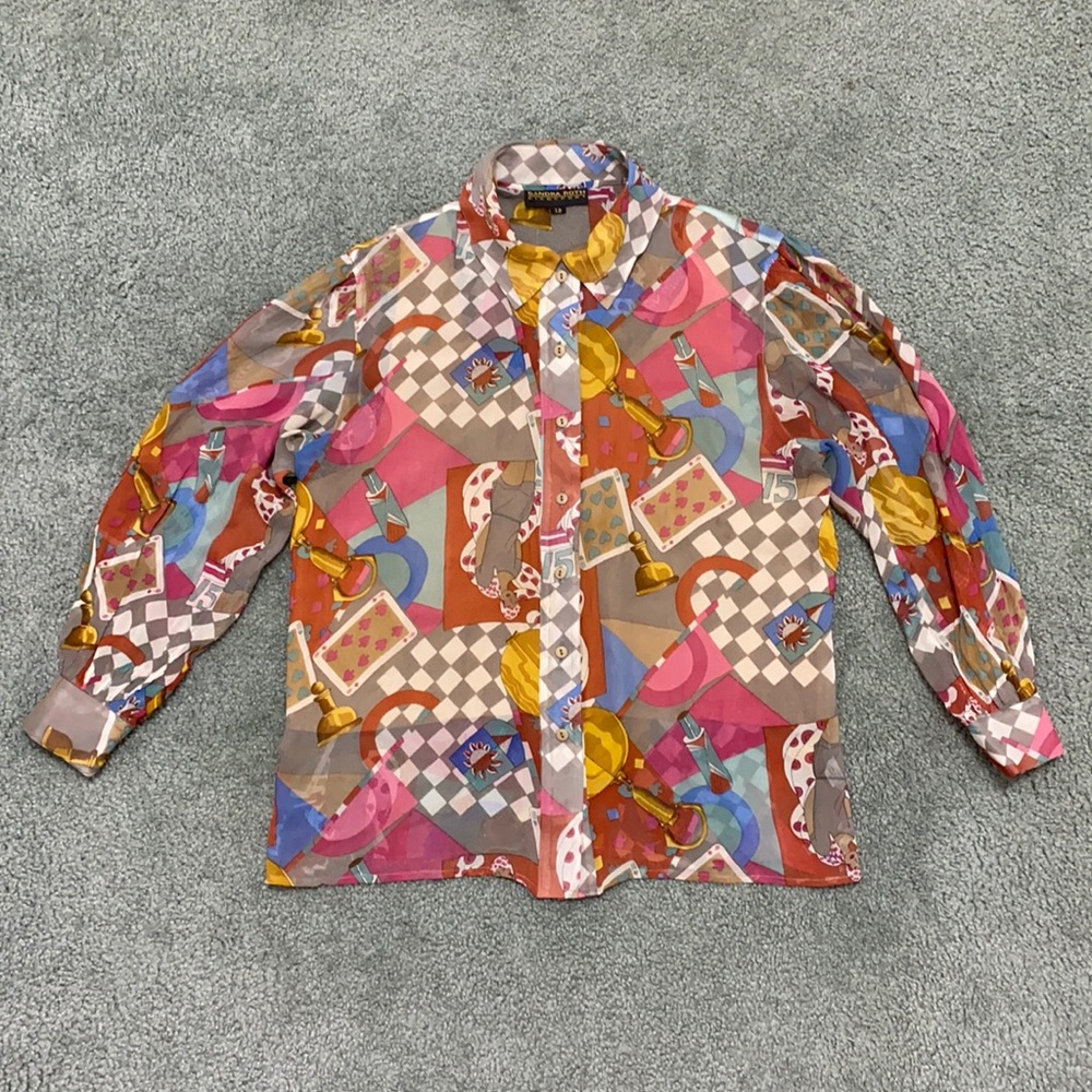 Vintage 90s sheer 100% silk blouse poker chess art print Sandra Roth Ciaosport